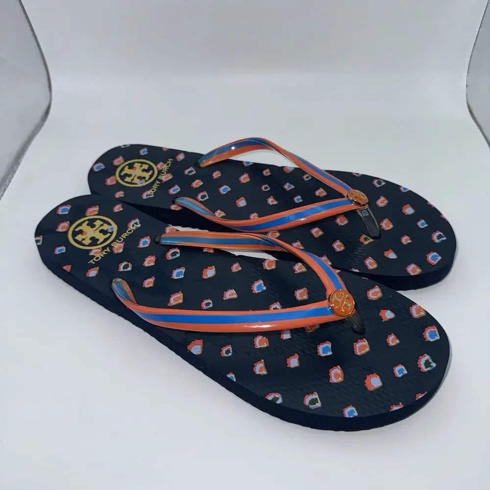 Tory Burch Navy Orange Blue Printed Logo Flip Flops Women’s Sandals